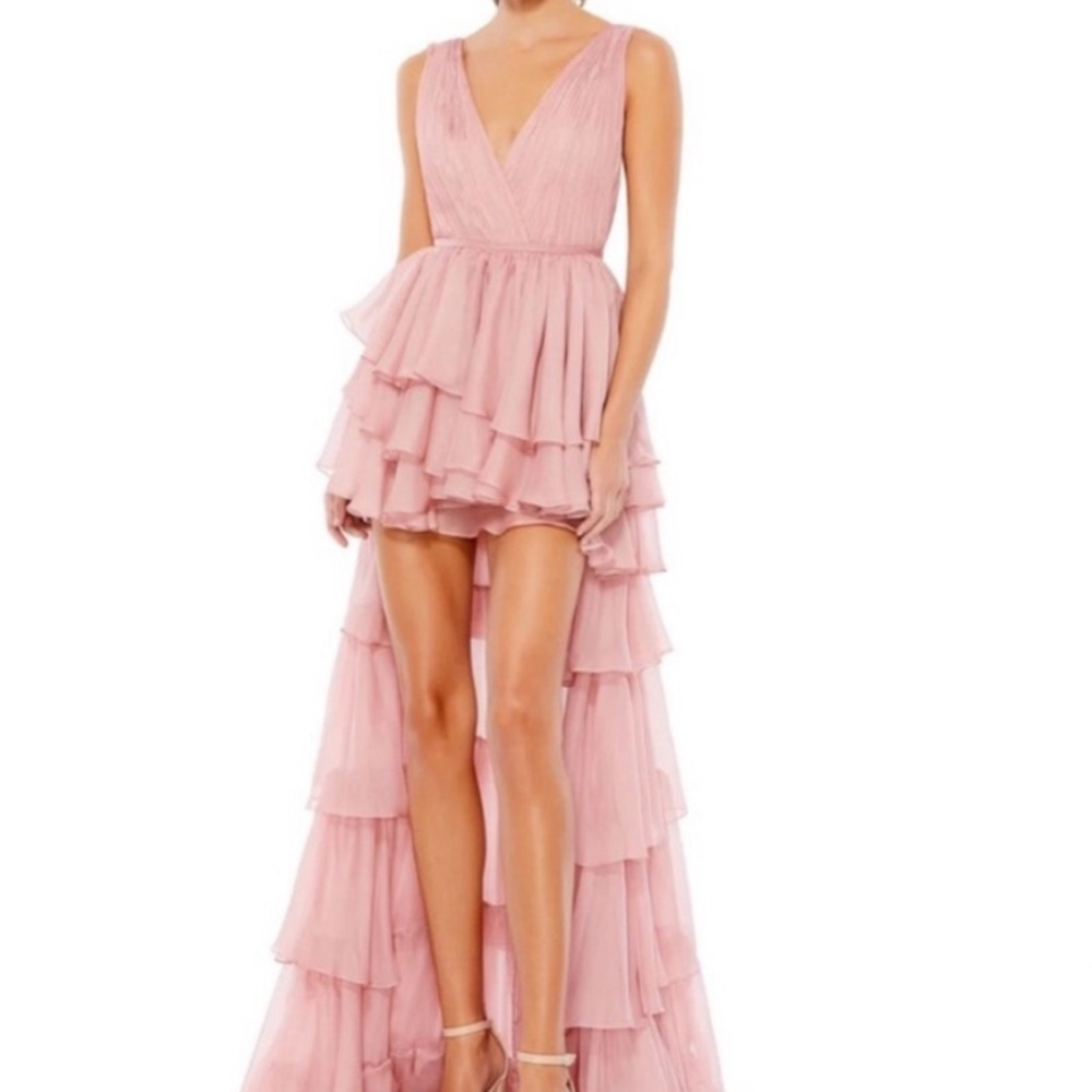 Mac Duggal Pink Rose Size 0 Small Ieena Ruffle Tiered High Low Maxi Gown